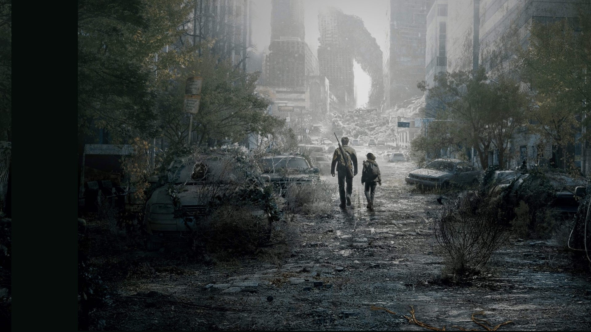 Ellie e Joel caminhando pela cidade destruída